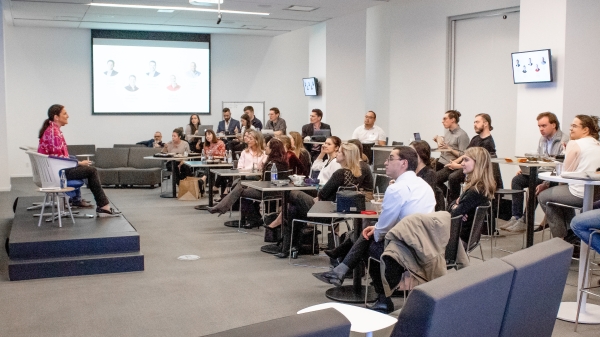 Magaly Charbonneau, a partner with Inovia Capital, leading a conference.